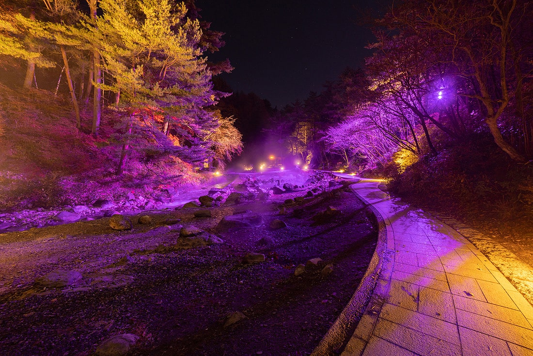 草津温泉 西の河原公園　夜景、写真撮影